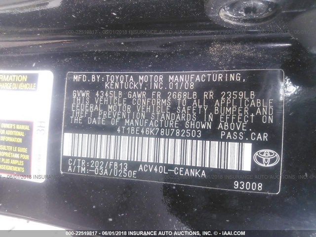 4T1BE46K78U782503 - 2008 TOYOTA CAMRY CE/LE/XLE/SE BLACK photo 9