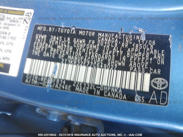 2T1KR32E77C649027 - 2007 TOYOTA COROLLA MATRIX XR BLUE photo 9