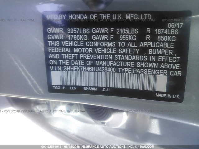 SHHFK7H46HU428400 - 2017 HONDA CIVIC SPORT SILVER photo 9