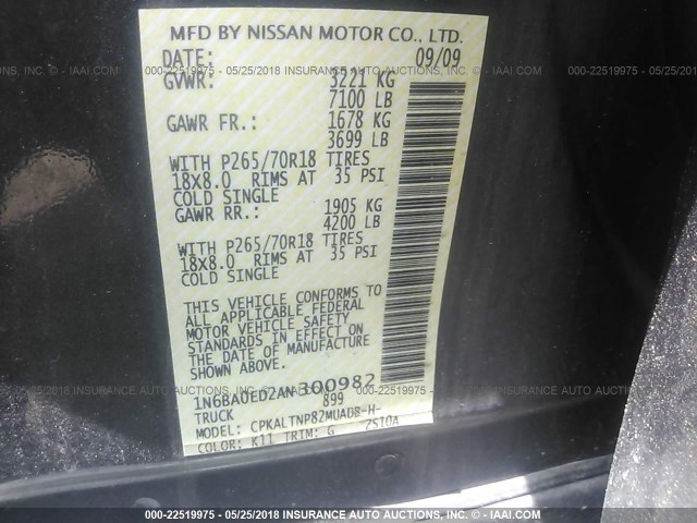 1N6BA0ED2AN300982 - 2010 NISSAN TITAN XE/SE/LE GRAY photo 9