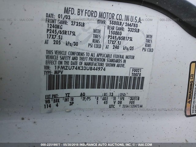 1FMZU74K33UB44974 - 2003 FORD EXPLORER EDDIE BAUER WHITE photo 9