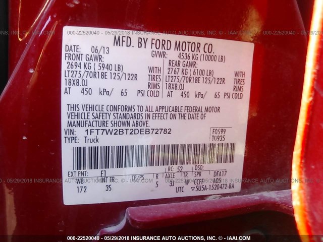 1FT7W2BT2DEB72782 - 2013 FORD F250 SUPER DUTY RED photo 9