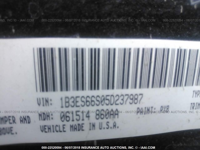 1B3ES66S05D237987 - 2005 DODGE NEON SRT-4 BLACK photo 9