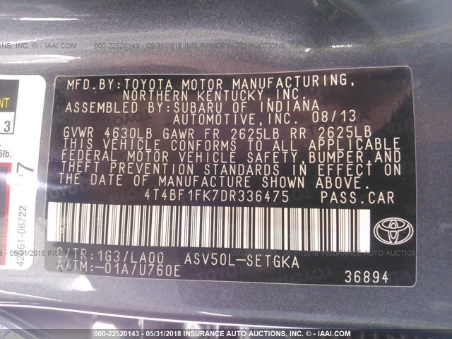 4T4BF1FK7DR336475 - 2013 TOYOTA CAMRY L/SE/LE/XLE Boz foto 9