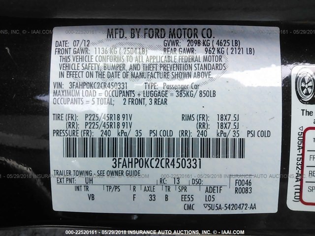 3FAHP0KC2CR450331 - 2012 FORD FUSION SPORT BLACK photo 9