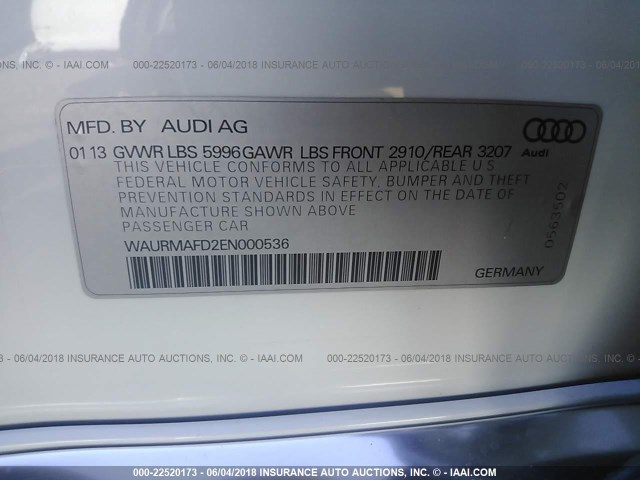 WAURMAFD2EN000536 - 2014 AUDI A8 L TDI/QUATTRO WHITE photo 9