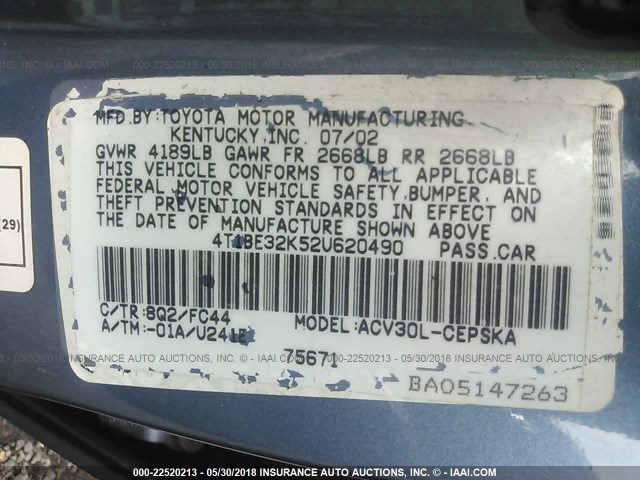 4T1BE32K52U620490 - 2002 TOYOTA CAMRY LE/XLE/SE ლურჯი ფოტო 9