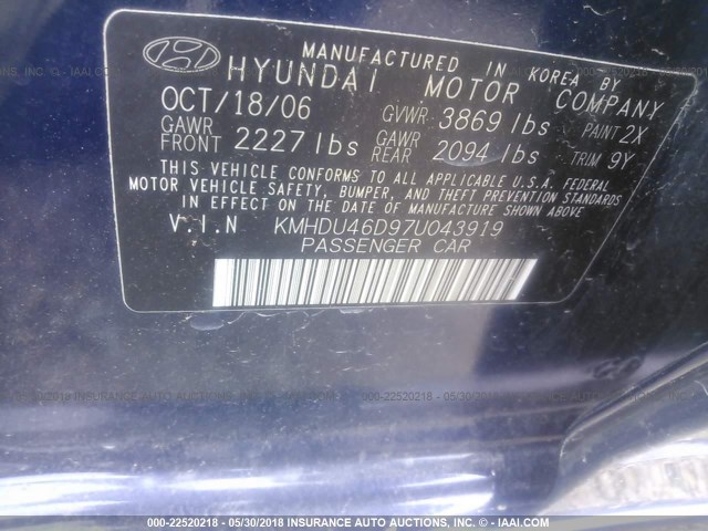 KMHDU46D97U043919 - 2007 HYUNDAI ELANTRA GLS/SE/LIMITED BLUE photo 9