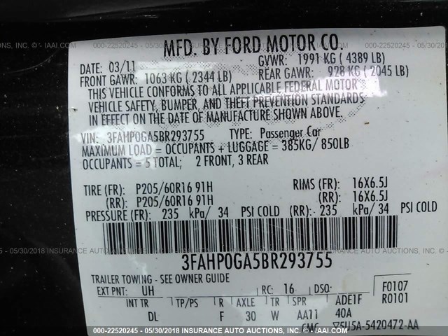 3FAHP0GA5BR293755 - 2011 FORD FUSION S BLACK photo 9