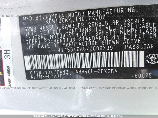 4T1BB46K87U009739 - 2007 TOYOTA CAMRY NEW GENERAT HYBRID SILVER photo 9