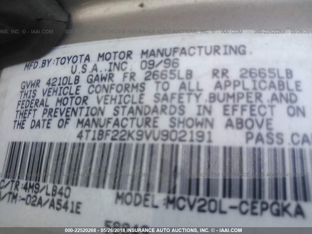 4T1BF22K9VU902191 - 1997 TOYOTA CAMRY CE/LE/XLE GOLD photo 9