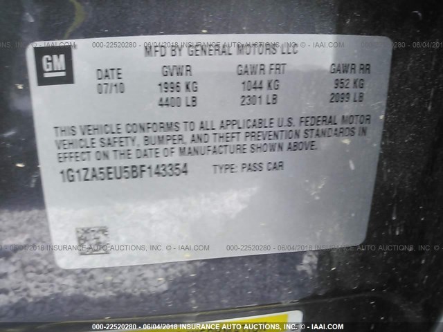 1G1ZA5EU5BF143354 - 2011 CHEVROLET MALIBU LS 灰色 照片 9