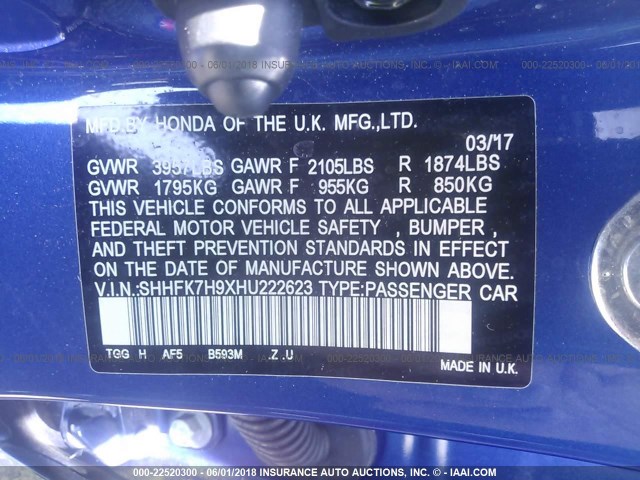 SHHFK7H9XHU222623 - 2017 HONDA CIVIC SPORT TOURING Blau Foto 9