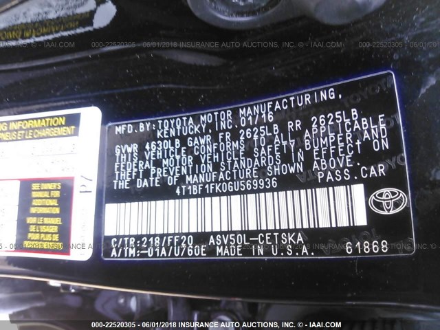 4T1BF1FK0GU569936 - 2016 TOYOTA CAMRY LE/XLE/SE/XSE BLACK photo 9