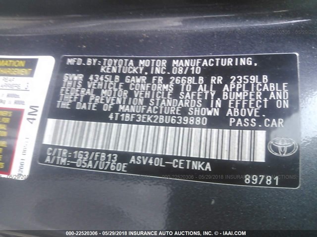 4T1BF3EK2BU639880 - 2011 TOYOTA CAMRY SE/LE/XLE 灰色 照片 9