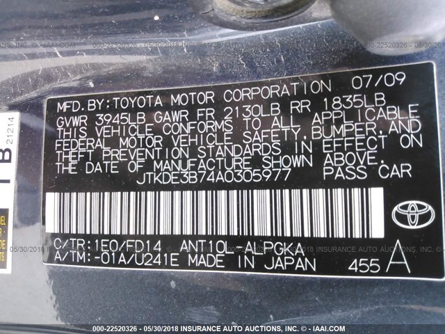 JTKDE3B74A0305977 - 2010 TOYOTA SCION TC 灰色 照片 9