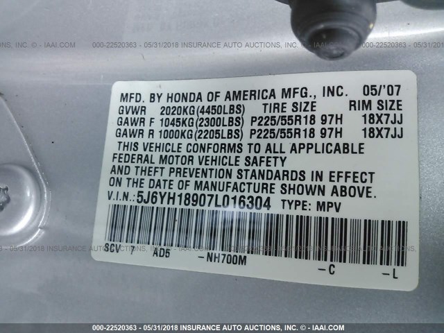 5J6YH18907L016304 - 2007 HONDA ELEMENT SC SILVER photo 9