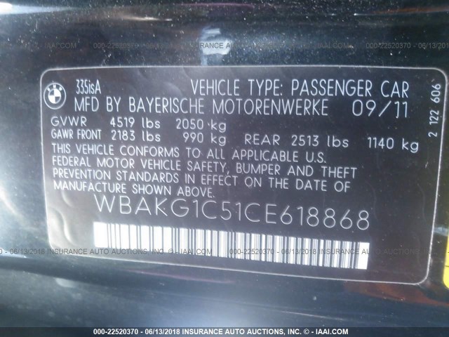 WBAKG1C51CE618868 - 2012 BMW 335 I SULEV BLACK photo 9