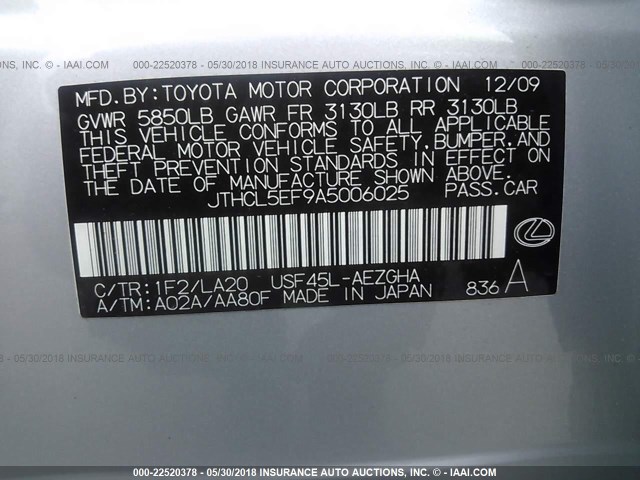 JTHCL5EF9A5006025 - 2010 LEXUS LS 460 SILVER photo 9