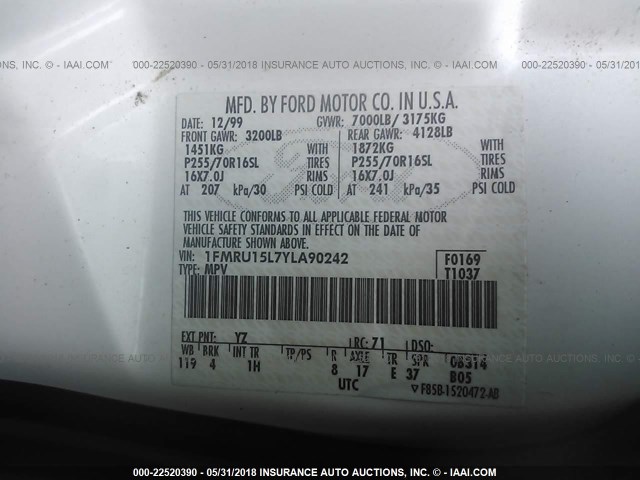 1FMRU15L7YLA90242 - 2000 FORD EXPEDITION XLT WHITE photo 9