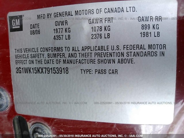 2G1WK15KX79153918 - 2007 CHEVROLET MONTE CARLO LT RED photo 9