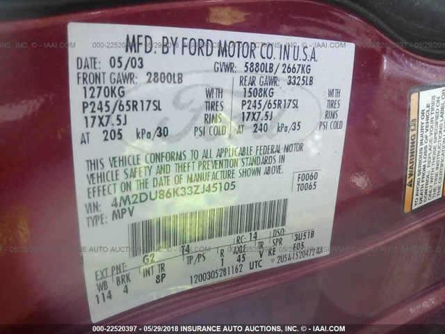 4M2DU86K33ZJ45105 - 2003 MERCURY MOUNTAINEER  BURGUNDY photo 9