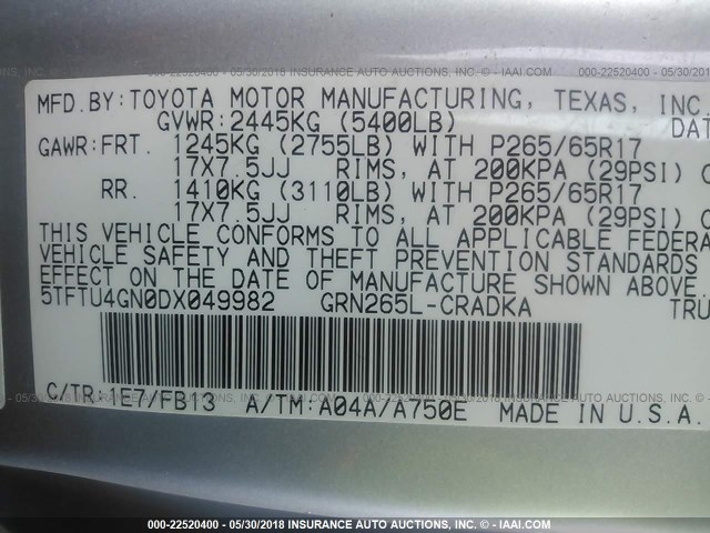 5TFTU4GN0DX049982 - 2013 TOYOTA TACOMA PRERUNNER ACCESS CAB SILVER photo 9