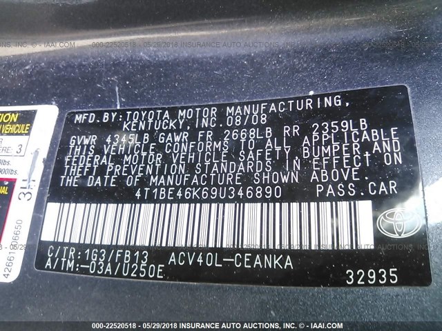 4T1BE46K69U346890 - 2009 TOYOTA CAMRY SE/LE/XLE GRAY photo 9