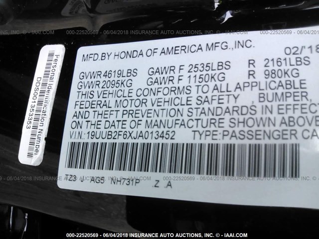 19UUB2F6XJA013452 - 2018 ACURA TLX TECH+A/TCH+AR BLACK photo 9