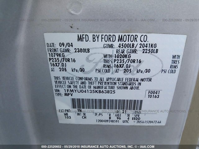 1FMYU04135KB63825 - 2005 FORD ESCAPE LIMITED SILVER photo 9