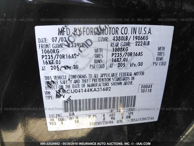 1FMCU04144KA31682 - 2004 FORD ESCAPE LIMITED BLACK photo 9