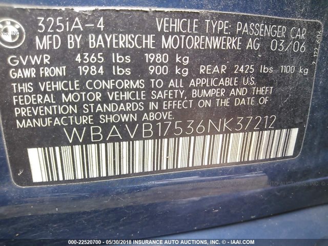 WBAVB17536NK37212 - 2006 BMW 325 I AUTOMATIC BLUE photo 9