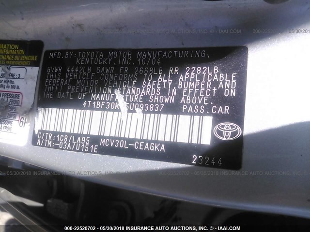 4T1BF30K45U093837 - 2005 TOYOTA CAMRY LE/XLE/SE Gümüş foto 9