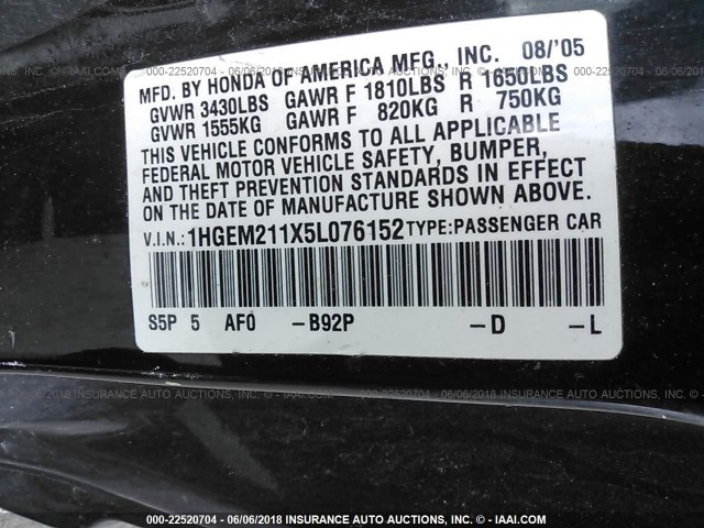 1HGEM211X5L076152 - 2005 HONDA CIVIC DX VP BLACK photo 9