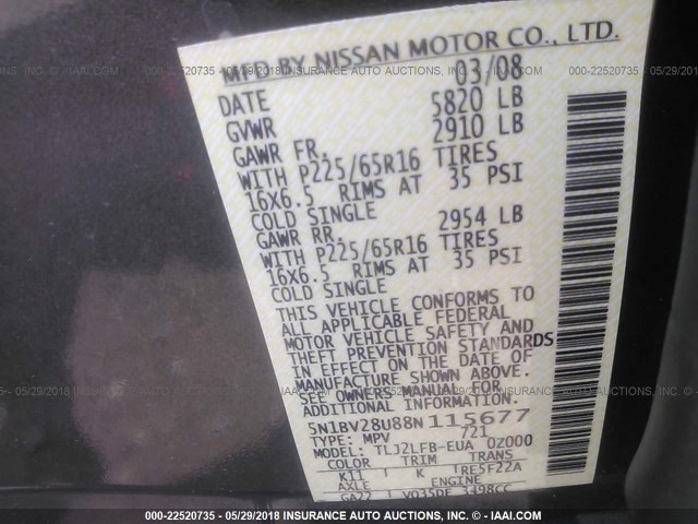 5N1BV28U88N115677 - 2008 NISSAN QUEST S/SE/SL GRAY photo 9