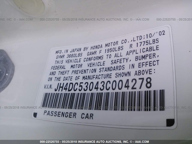 JH4DC53043C004278 - 2003 ACURA RSX TYPE-S WHITE photo 9