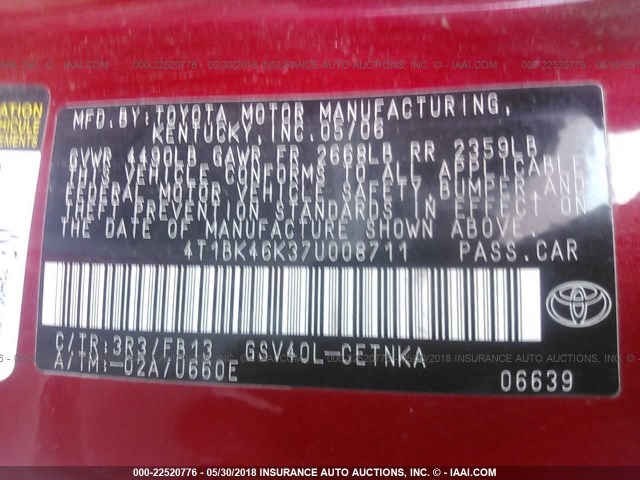 4T1BK46K37U008711 - 2007 TOYOTA CAMRY NEW GENERAT LE/XLE/SE RED photo 9