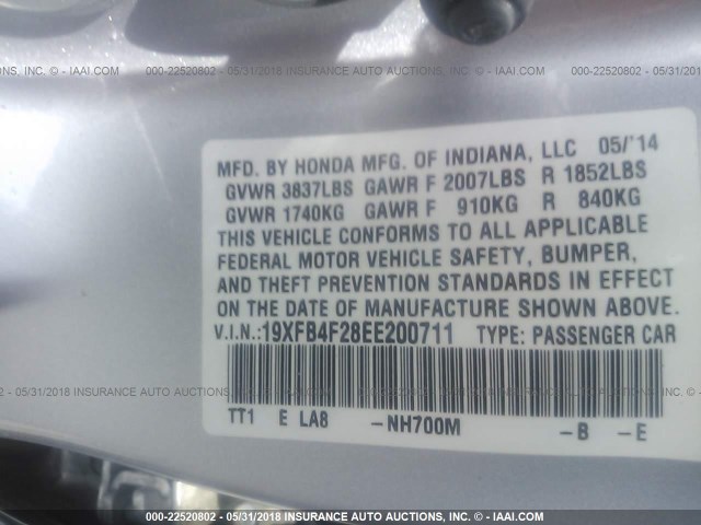 19XFB4F28EE200711 - 2014 HONDA CIVIC HYBRID SILVER photo 9