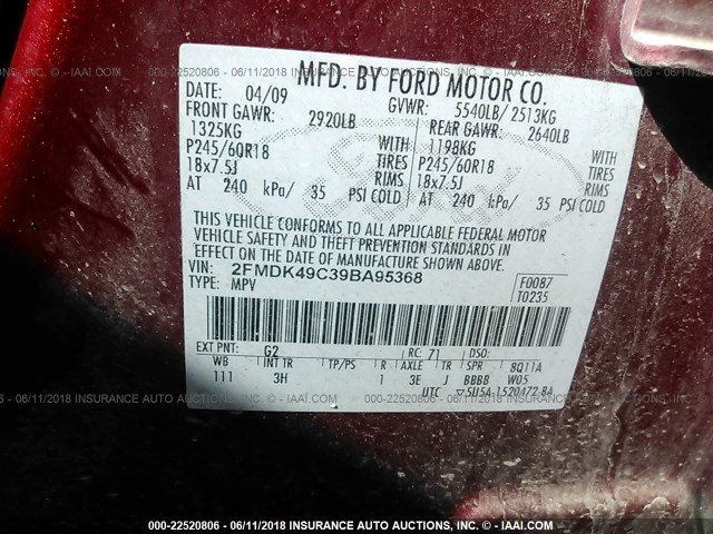 2FMDK49C39BA95368 - 2009 FORD EDGE LIMITED RED photo 9