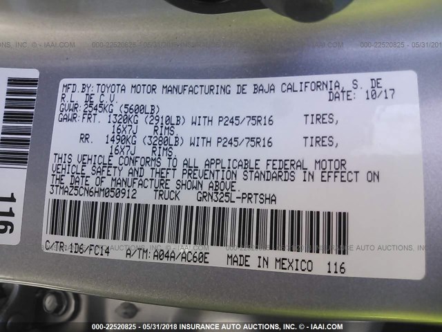 3TMAZ5CN6HM050912 - 2017 TOYOTA TACOMA DBL CAB/SR5/TRD SPORT/OR SILVER photo 9