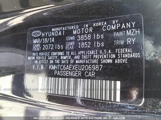 KMHTC6AEXEU206987 - 2014 HYUNDAI VELOSTER TURBO BLACK photo 9