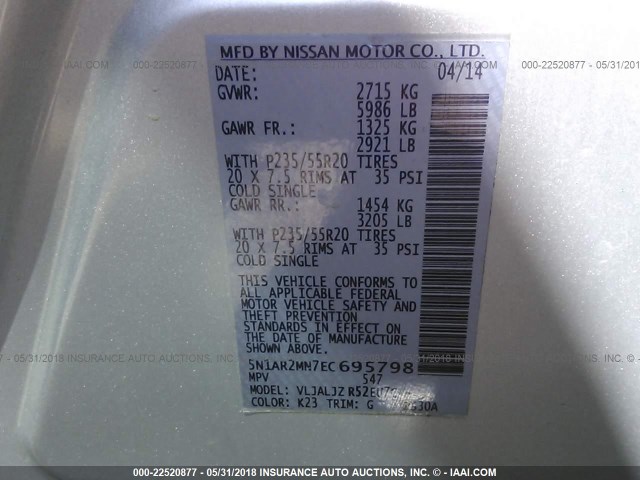 5N1AR2MN7EC695798 - 2014 NISSAN PATHFINDER S/SV/SL/PLATINUM 银色 照片 9