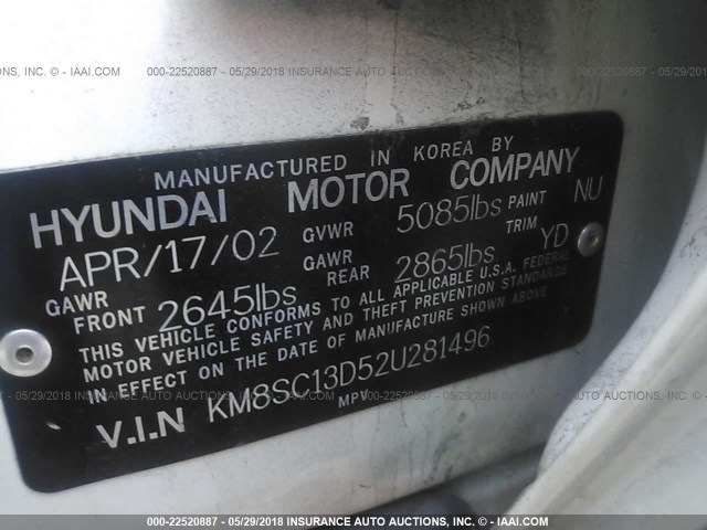 KM8SC13D52U281496 - 2002 HYUNDAI SANTA FE GLS/LX WHITE photo 9