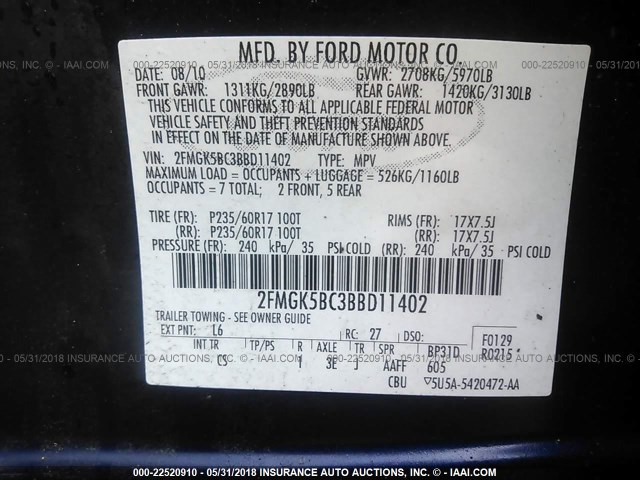 2FMGK5BC3BBD11402 - 2011 FORD FLEX SE BLUE photo 9