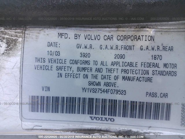 YV1VS27544F079523 - 2004 VOLVO S40 1.9T SILVER photo 9