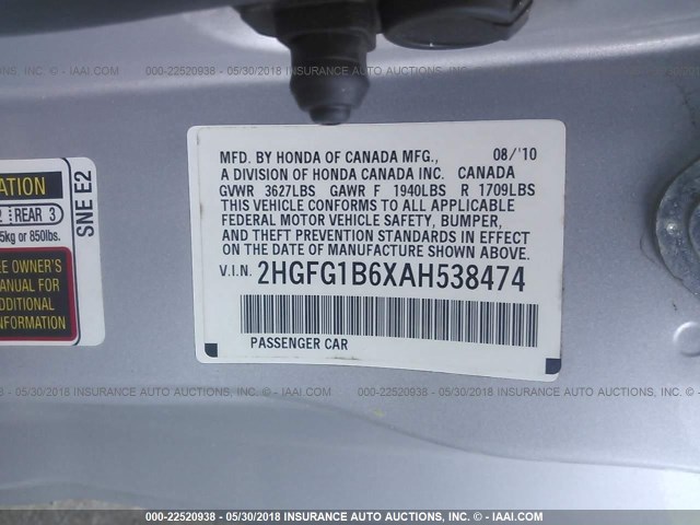 2HGFG1B6XAH538474 - 2010 HONDA CIVIC LX Gümüş foto 9