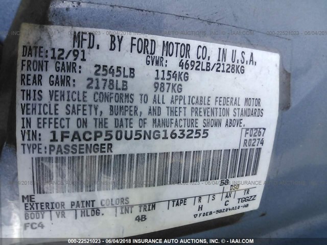 1FACP50U5NG163255 - 1992 FORD TAURUS L BLUE photo 9