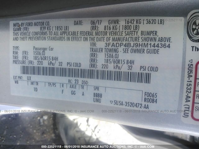 3FADP4BJ9HM144364 - 2017 FORD FIESTA SE SILVER photo 9