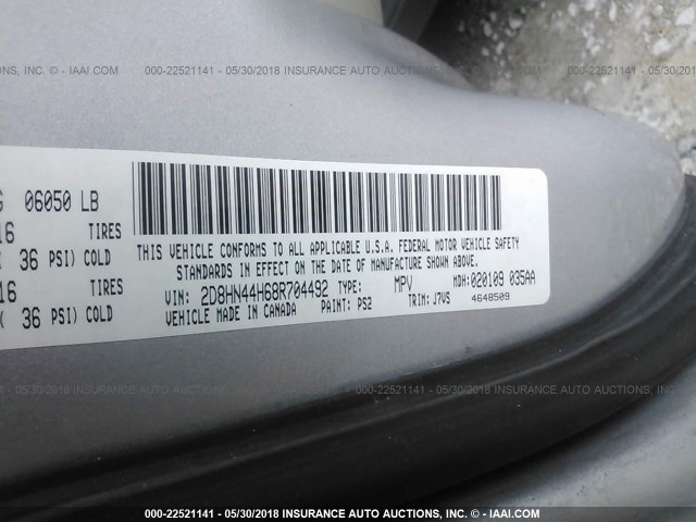 2D8HN44H68R704492 - 2008 DODGE GRAND CARAVAN SE SILVER photo 9