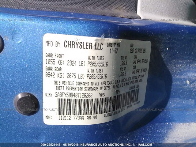 3A8FY58B48T128268 - 2008 CHRYSLER PT CRUISER TOURING BLUE photo 9